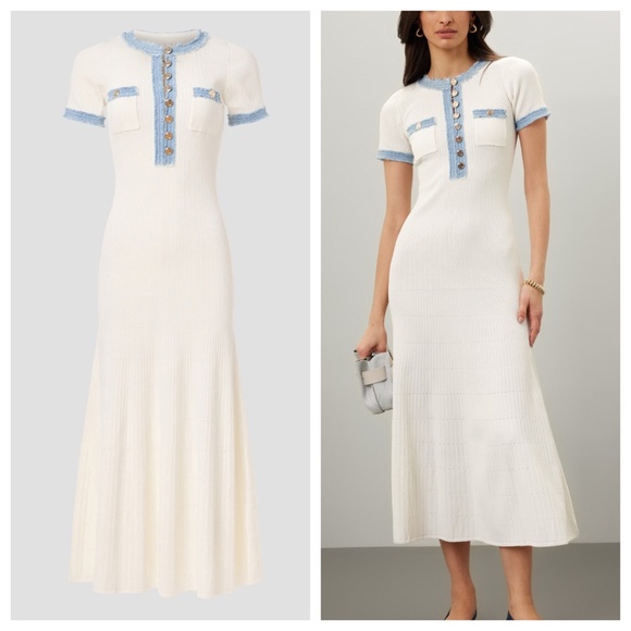 SANDRO Alecia Knit Denim Trim Midi Dress White Button Detail - FR 38 / US 6 - Picture 1 of 12